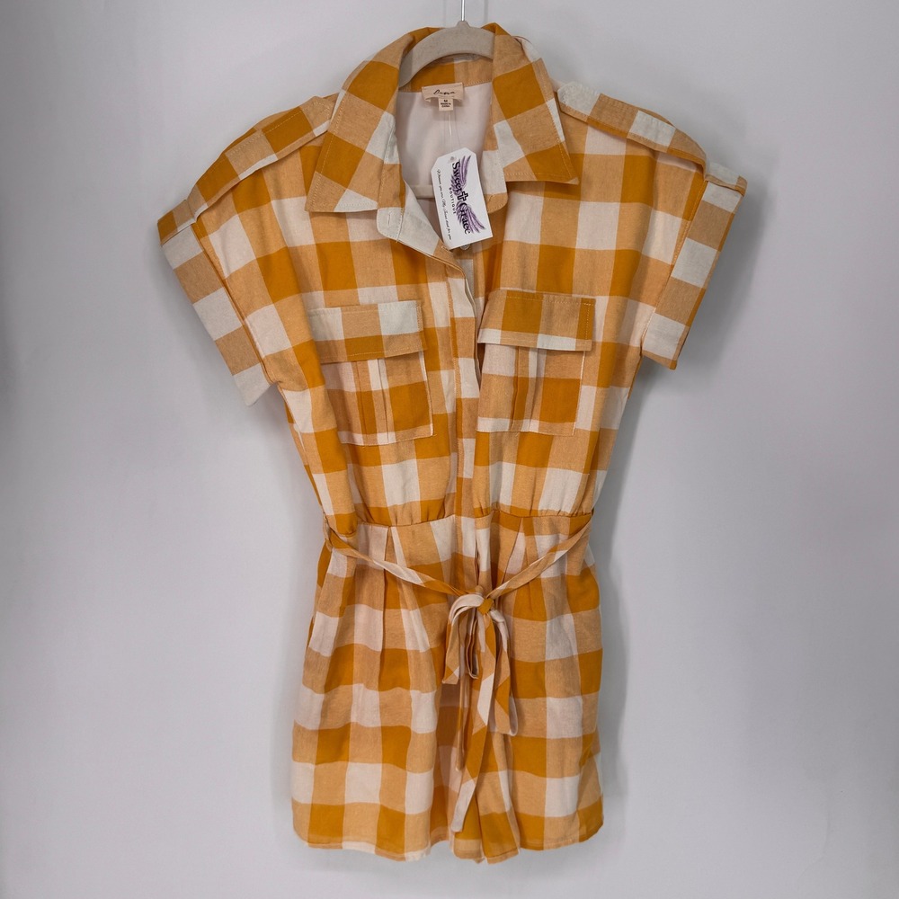 Lina Romper Womens Medium Yellow White New Buffalo Check Gingham Belted Utility